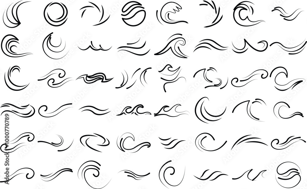 Sea and ocean wave of water icon set for logo and t-shirt. Thin line art editable stroke vector. Sea and ocean wave of water icon set for logo and t-shirt. Thin line art editable stroke vector.