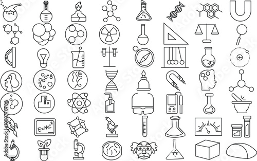 Science laboratory icon set for logo and t-shirt. Thin line art editable stroke vector.