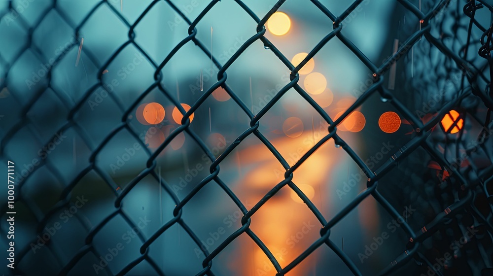 Chain-Link Fence with Rain and Blurred Lights Chain-Link Fence with Rain and Blurred Lights