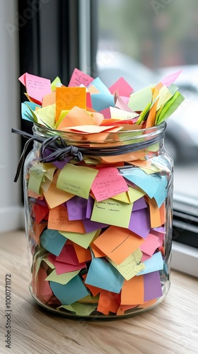 A bright, colorful gratitude jar filled with notes about things the person is thankful for, demonstrating a simple but effective happiness hack photo