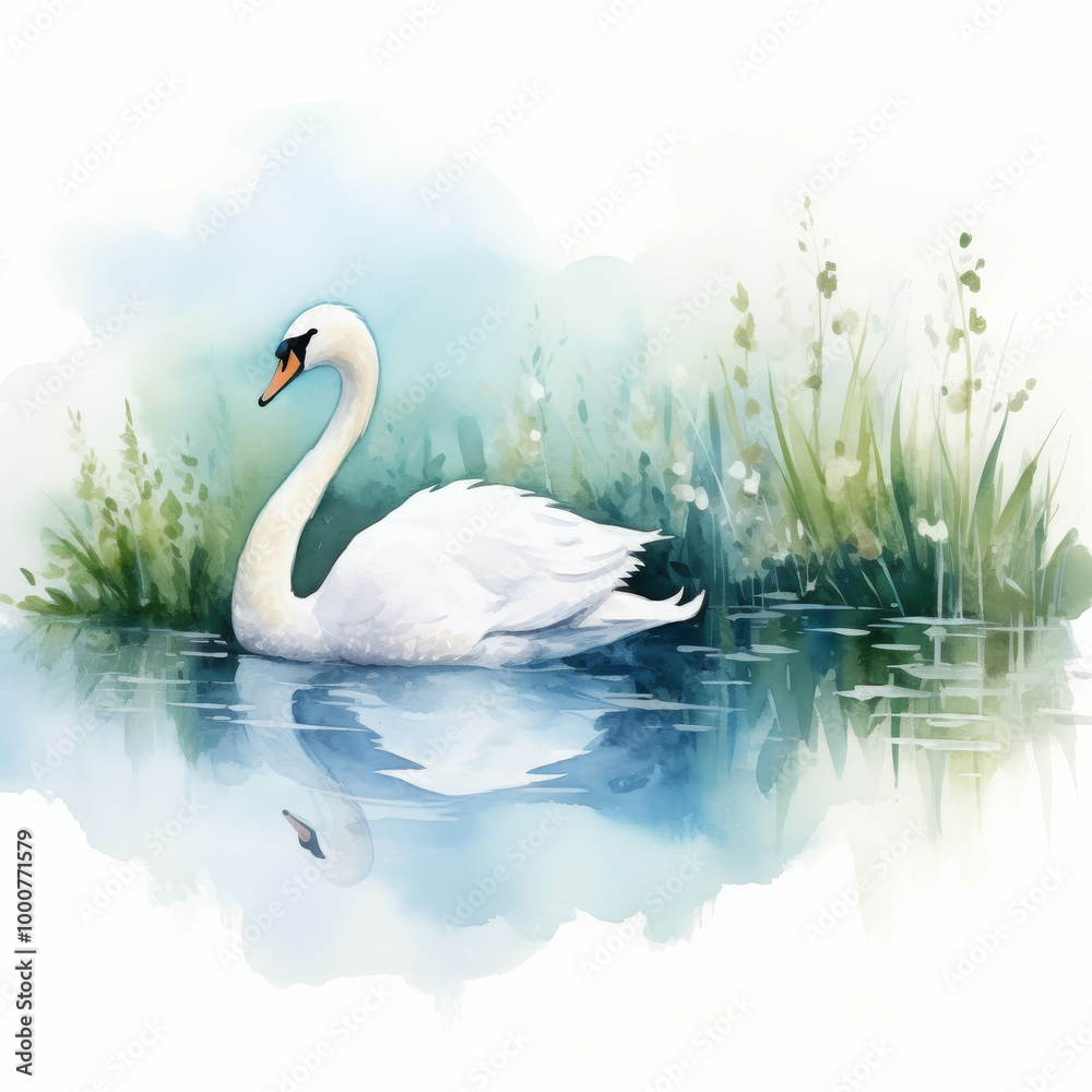 Obraz premium Elegant Swan on Lake in Watercolor Style