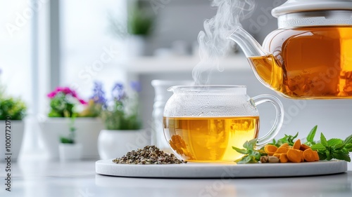 A steaming teapot pours herbal tea into a glass cup, accompanied by fresh greens and herbs, set in a bright, modern kitchen with potted plants.