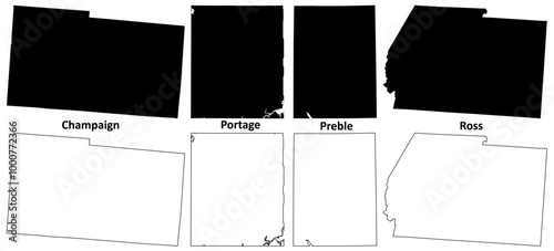 Ross, Portage, Champaign and Preble County, Ohio State (U.S. county, United States of America, USA, U.S., US) map vector illustration, scribble sketch map