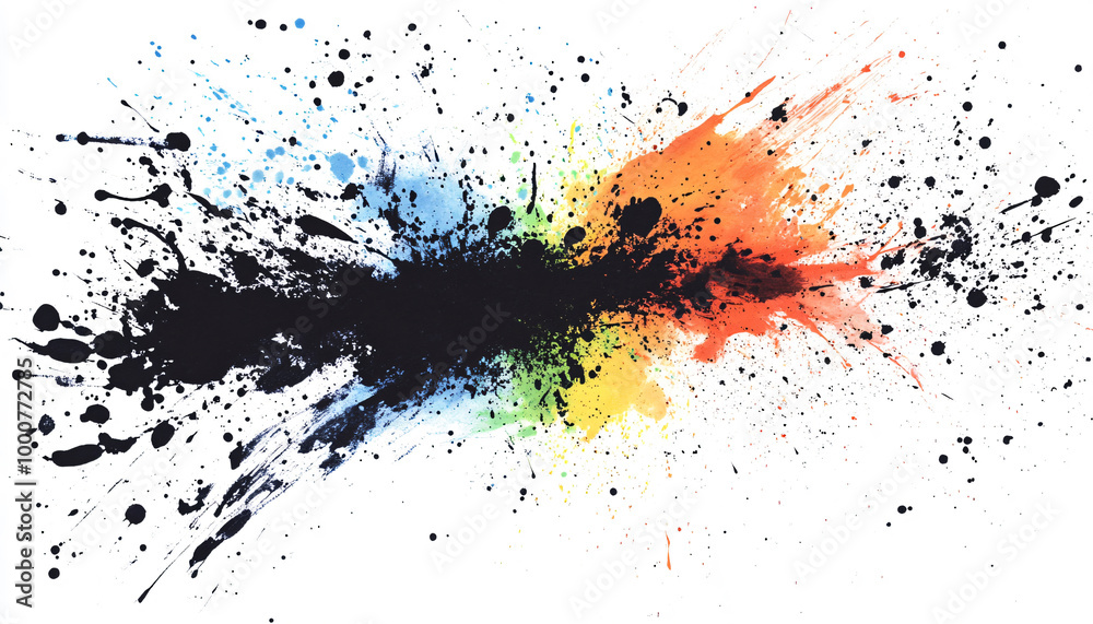 Random bursts and splatters of ink in black and white or vibrant colors, evoking a raw, artistic energy