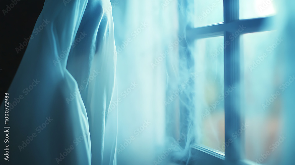 A ghostly figure peeking through a fog-covered window in an abandoned house. The dim, eerie light from the outside adds a mysterious Halloween atmosphere A ghostly figure peeking through a fog-covered window in an abandoned house. The dim, eerie light from the outside adds a mysterious Halloween atmosphere