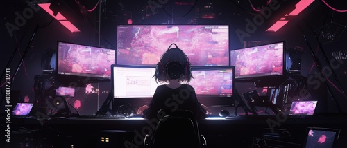 Gamer Girl in a Futuristic Setup