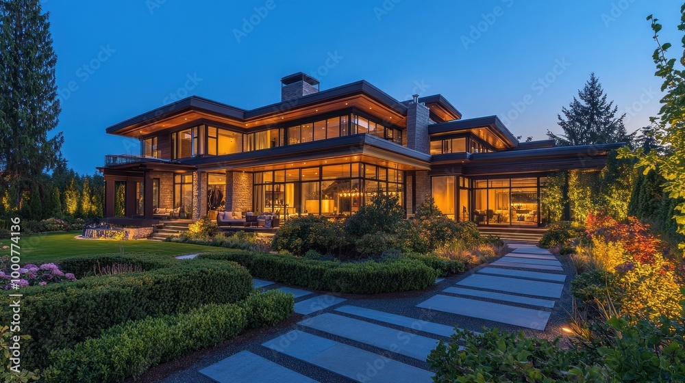 A modern house illuminated at dusk, showcasing elegant architecture and landscaped gardens. A modern house illuminated at dusk, showcasing elegant architecture and landscaped gardens.