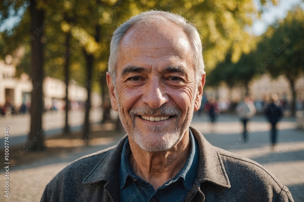 Close portrait of a smiling senior Spanish man looking at the camera, Spanish outdoors blurred background Close portrait of a smiling senior Spanish man looking at the camera, Spanish outdoors blurred background