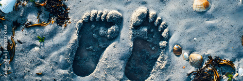 Footprints in sand on a beach with seashells and seaweed, coastal exploration, summer adventure, walking on the shore, serene ocean setting, peaceful beach vacation memories photo