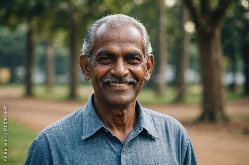 Close portrait of a smiling senior Sri Lankan man looking at the camera, Sri Lankan outdoors blurred background Close portrait of a smiling senior Sri Lankan man looking at the camera, Sri Lankan outdoors blurred background