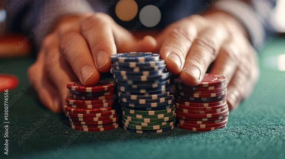 A man is holding a pile of poker chips on a green table A man is holding a pile of poker chips on a green table