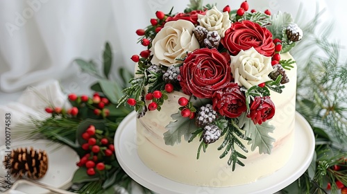 A beautiful white cake with red and white flowers on top. The cake is decorated with red and white flowers and berries, giving it a festive and elegant appearance