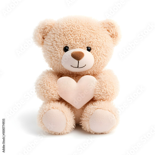 Adorable Teddy Bear Holding Heart on White Background