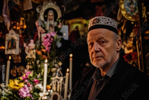 Wallpaper Mural Middle-Aged Man in Traditional Hat Surrounded by Candles and Religious Icons - Thoughtful Portrait for Cultural and Religious Themes Torontodigital.ca