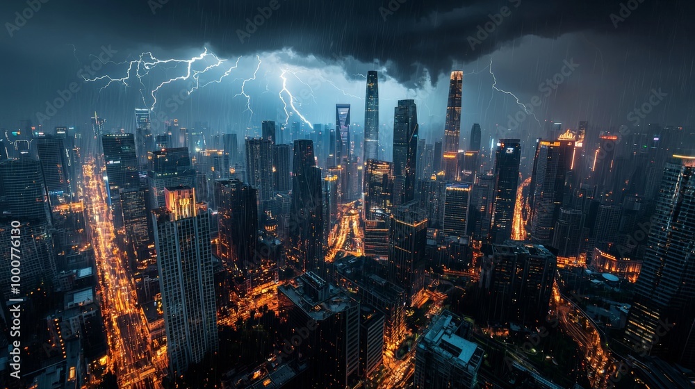 A city caught in a thunderstorm at night, where lightning flashes reflect off the glass skyscrapers, and the streets are drenched in rain A city caught in a thunderstorm at night, where lightning flashes reflect off the glass skyscrapers, and the streets are drenched in rain