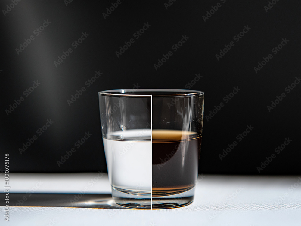 Split glass with water and coffee against contrasting black-and-white background Split glass with water and coffee against contrasting black-and-white background
