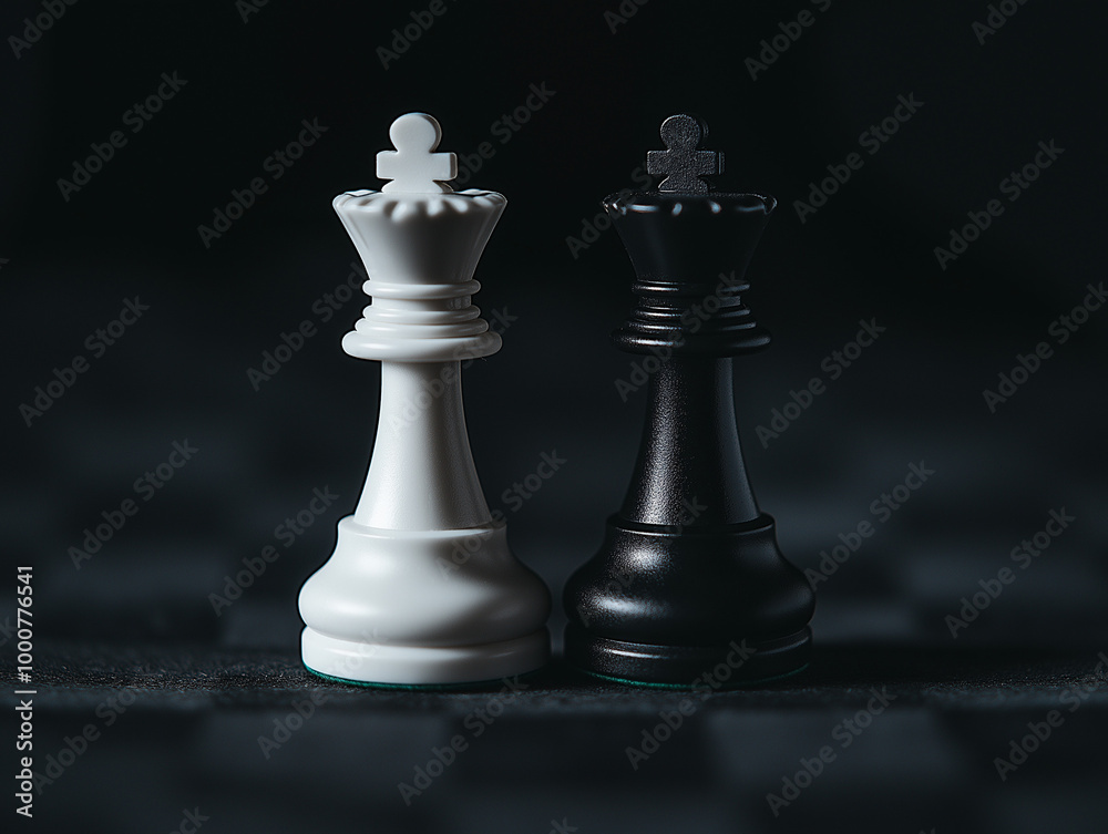 Black and white chess king pieces on a dark board Black and white chess king pieces on a dark board