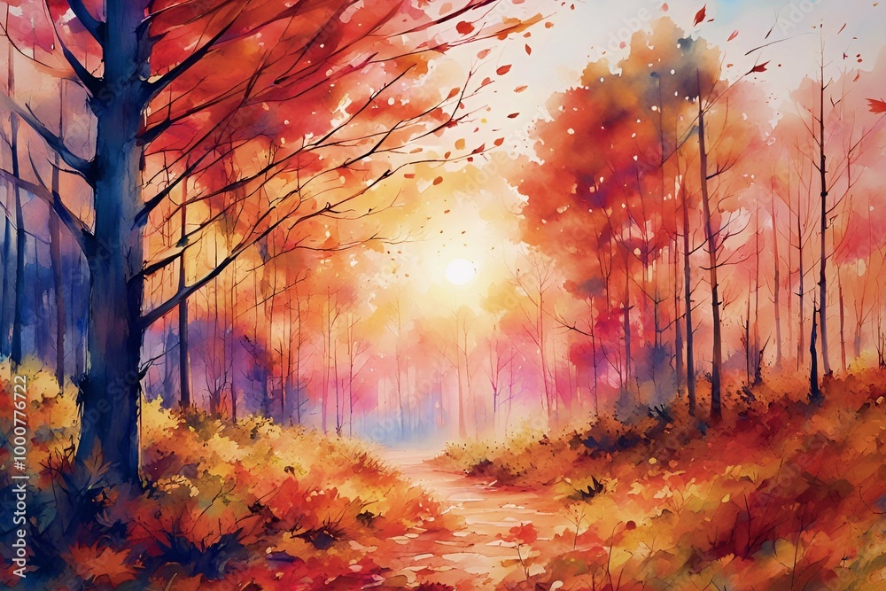 Naklejka premium Watercolor painting of an autumn wood at sunset