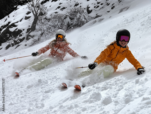 Two friends ski down a snow...
