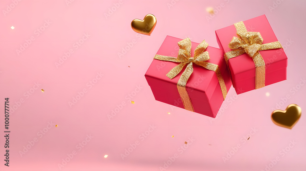 Two red gift boxes with golden ribbon and bow floating in the air with a golden heart shape on a pink background. Two red gift boxes with golden ribbon and bow floating in the air with a golden heart shape on a pink background.