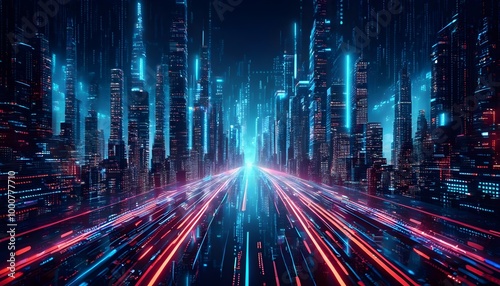 Vibrant futuristic digital cityscape featuring holographic icons, innovative smart technology, and advanced urban infrastructure illuminated by dazzling lights