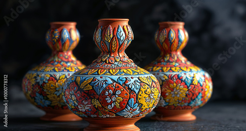 Colorful ceramic pottery vase on dark background, close up