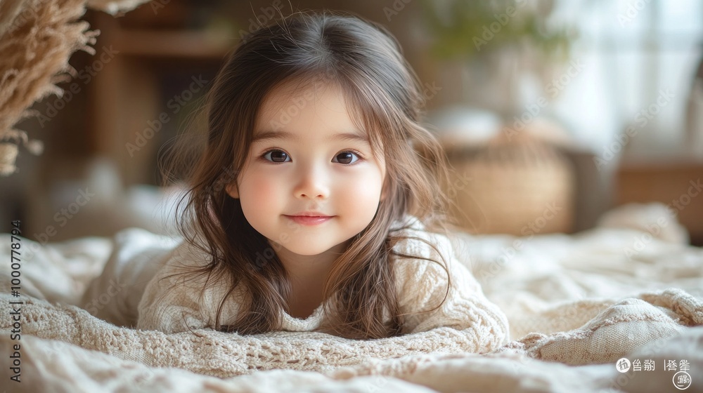 A young girl is laying on a bed with her eyes closed A young girl is laying on a bed with her eyes closed