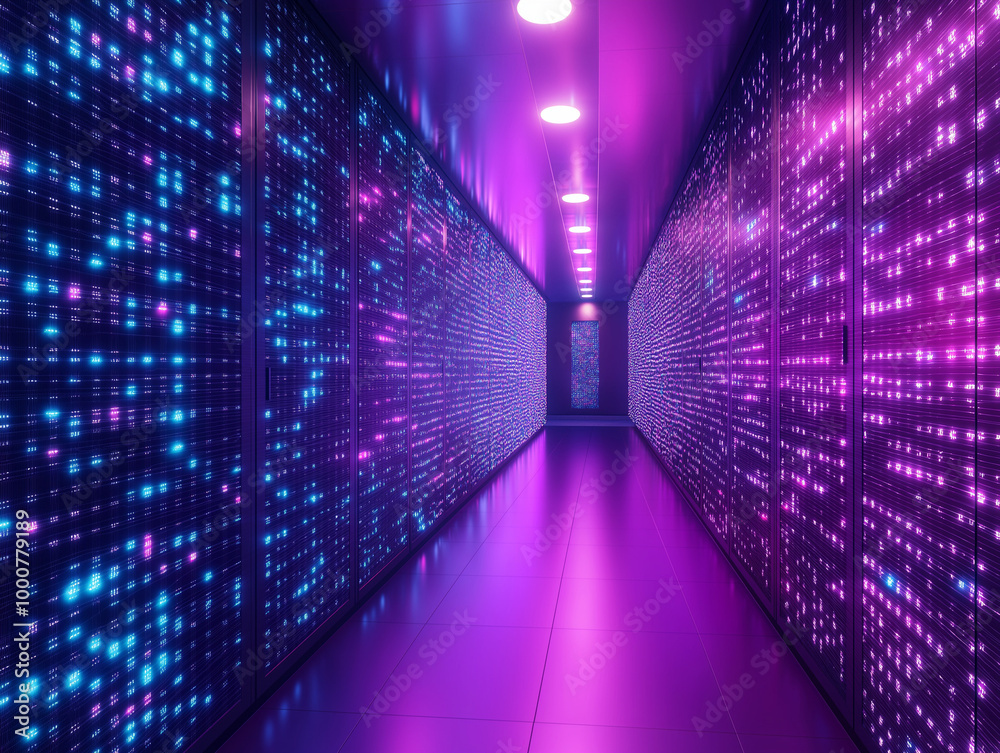 Futuristic Data Corridor with Neon Lights and Digital Panels Futuristic Data Corridor with Neon Lights and Digital Panels