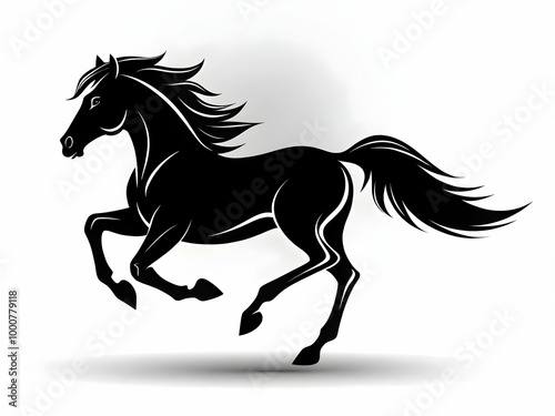 Black silhouette of a horse galloping in motion, designed as a sleek logo, on a white background