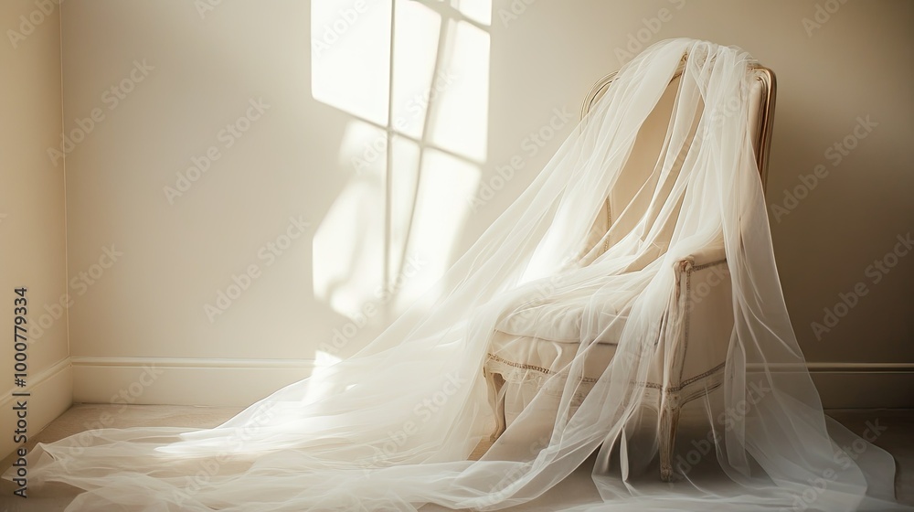 A bridal veil draped over a chair with soft light in the background. Clear space for text A bridal veil draped over a chair with soft light in the background. Clear space for text