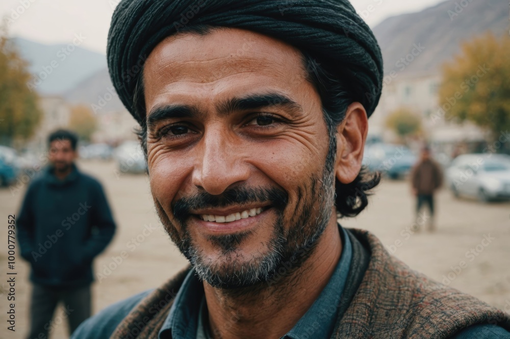 Close portrait of a smiling 40s Afghan man looking at the camera, Afghan outdoors blurred background