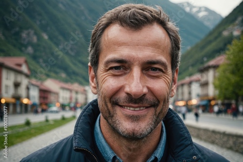 Close portrait of a smiling 40s Andorran man looking at the camera, Andorran outdoors blurred background