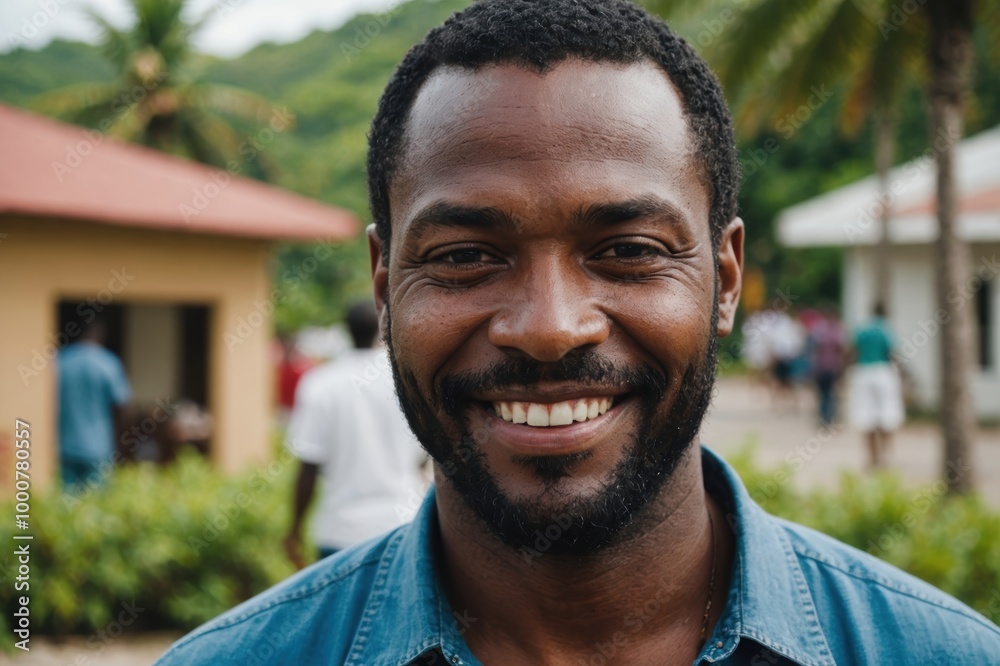 Close portrait of a smiling 40s Antiguan and Barbudan man looking at the camera, Antiguan and Barbudan outdoors blurred background Close portrait of a smiling 40s Antiguan and Barbudan man looking at the camera, Antiguan and Barbudan outdoors blurred background