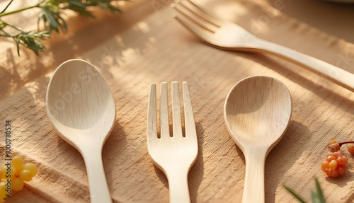 Close-up of biodegradable utensils on a natural fiber tablecloth illuminated by soft morning light, showcasing eco-friendly design - concept 