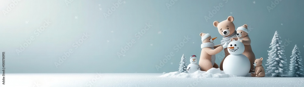 Bear family building a snowman, festive winter scene, 3D illustration Bear family building a snowman, festive winter scene, 3D illustration