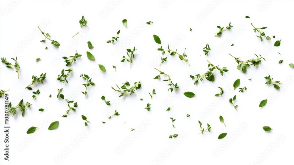 Fresh Thyme Sprigs Scattered on White Background Generative AI Fresh Thyme Sprigs Scattered on White Background Generative AI