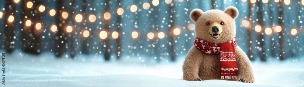 A cheerful bear wearing a festive scarf, playing in a snowy forest under twinkling lights, festive bear, snowy celebration A cheerful bear wearing a festive scarf, playing in a snowy forest under twinkling lights, festive bear, snowy celebration