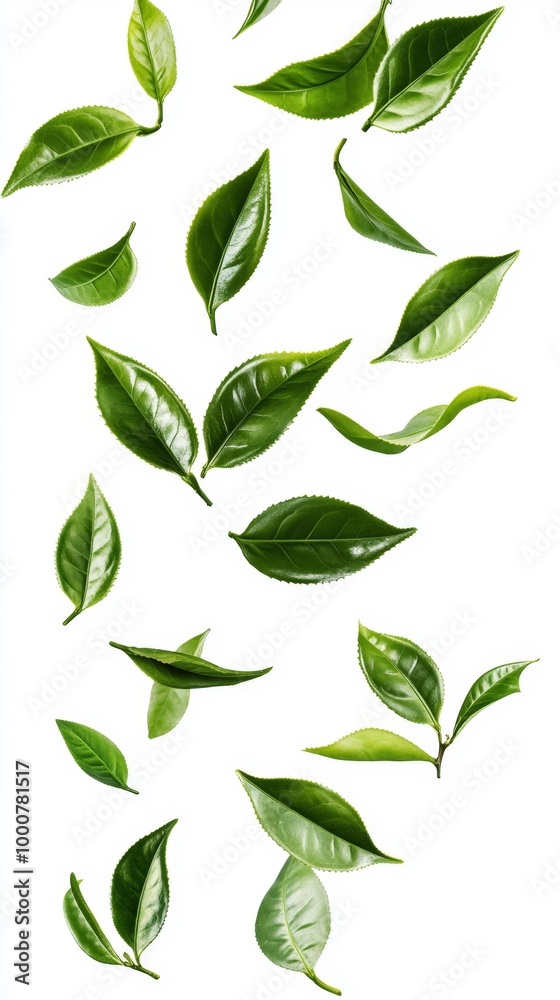 Naklejka premium Tea Leaves Floating Against White Background Generative AI