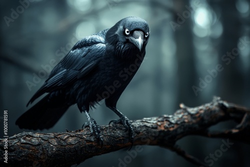 A close-up of a black crow with piercing eyes, sitting on a barren tree branch in the midst of a dark forest photo