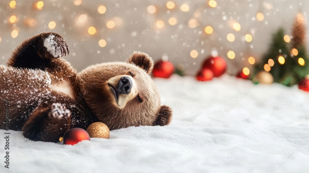 A playful bear rolling in the snow, surrounded by festive ornaments and holiday lights, festive bear, snowy fun A playful bear rolling in the snow, surrounded by festive ornaments and holiday lights, festive bear, snowy fun
