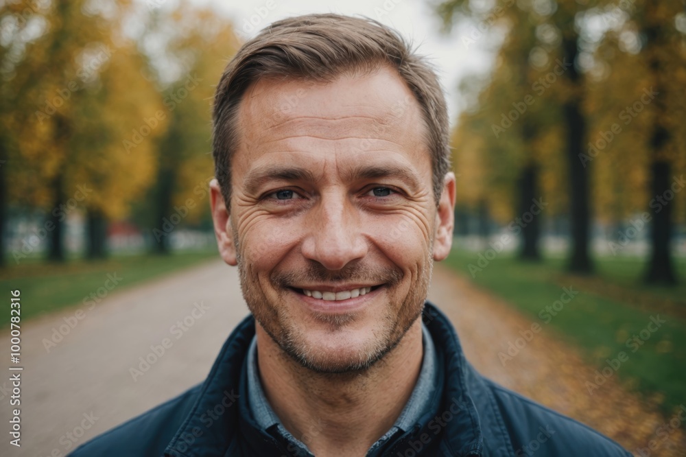 Close portrait of a smiling 40s Belarusian man looking at the camera, Belarusian outdoors blurred background Close portrait of a smiling 40s Belarusian man looking at the camera, Belarusian outdoors blurred background