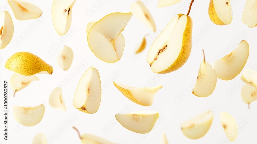 Golden pear slices suspended in air Generative AI Golden pear slices suspended in air Generative AI