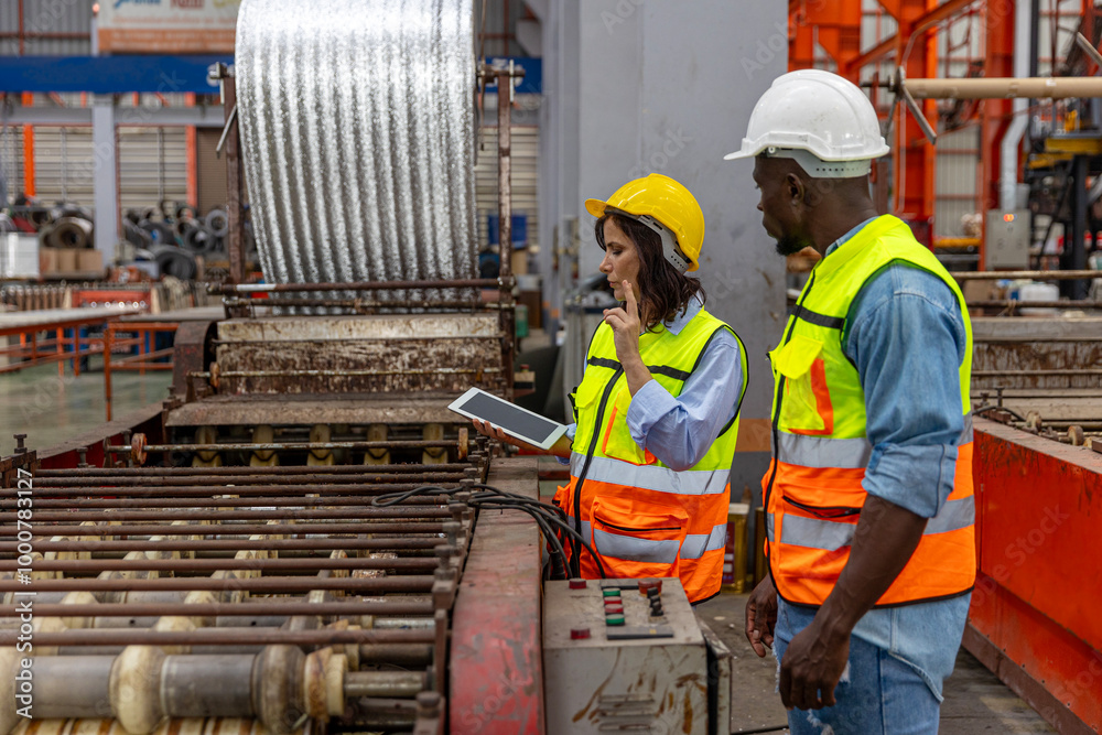 Two mechanical engineers from different cultures working together to check a steel making production system by using a tablet. Cooperation between workers in a steel factory. Workers in safety suit Two mechanical engineers from different cultures working together to check a steel making production system by using a tablet. Cooperation between workers in a steel factory. Workers in safety suit