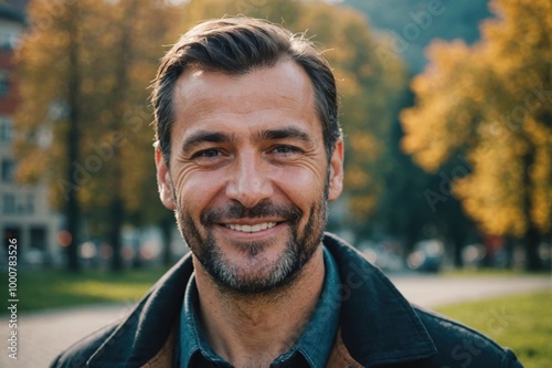 Close portrait of a smiling 40s Bosnian man looking at the camera, Bosnian outdoors blurred background