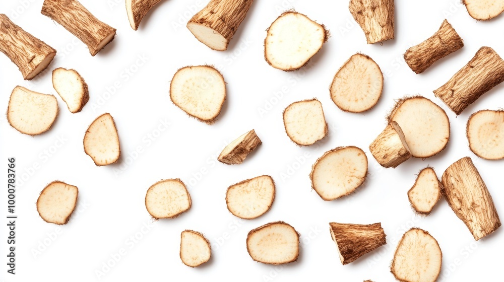 Sliced Burdock Root Pieces on White Generative AI Sliced Burdock Root Pieces on White Generative AI
