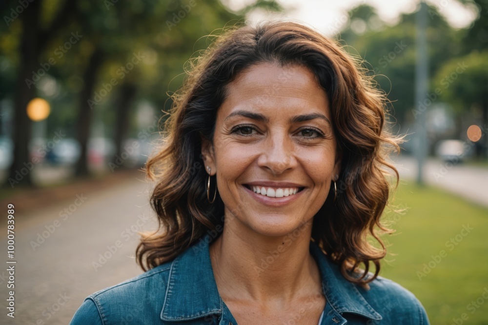 Close portrait of a smiling 40s Brazilian woman looking at the camera, Brazilian outdoors blurred background Close portrait of a smiling 40s Brazilian woman looking at the camera, Brazilian outdoors blurred background