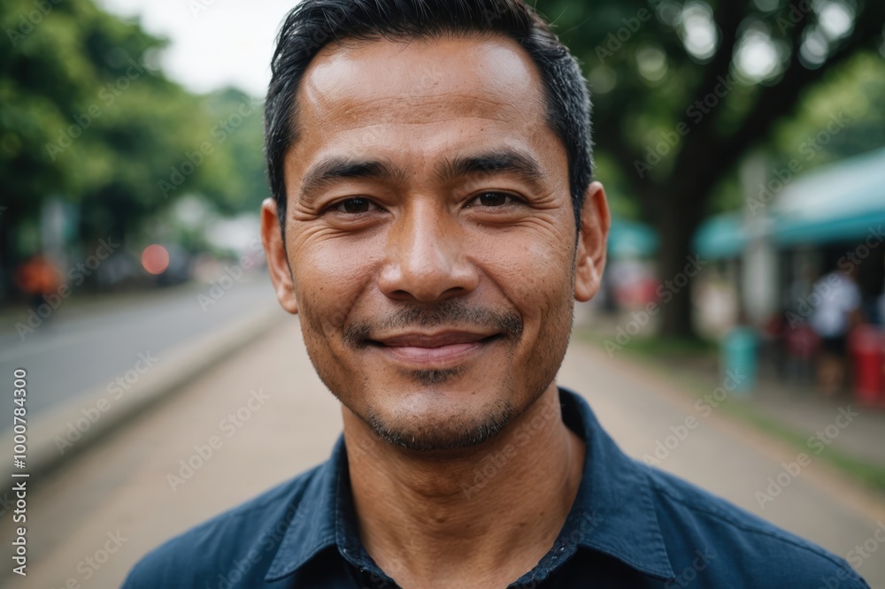 Close portrait of a smiling 40s Bruneian man looking at the camera, Bruneian outdoors blurred background Close portrait of a smiling 40s Bruneian man looking at the camera, Bruneian outdoors blurred background