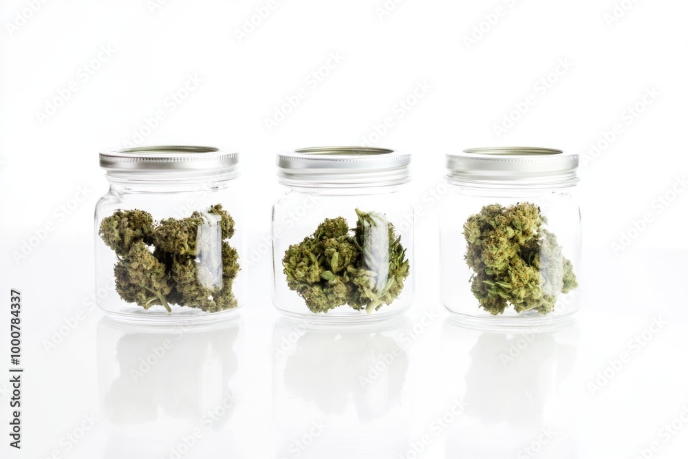 Cannabis Storage Jars Displaying Different Strains - Ideal for Dispensaries, Medical Use, and Promotional Posters Cannabis Storage Jars Displaying Different Strains - Ideal for Dispensaries, Medical Use, and Promotional Posters