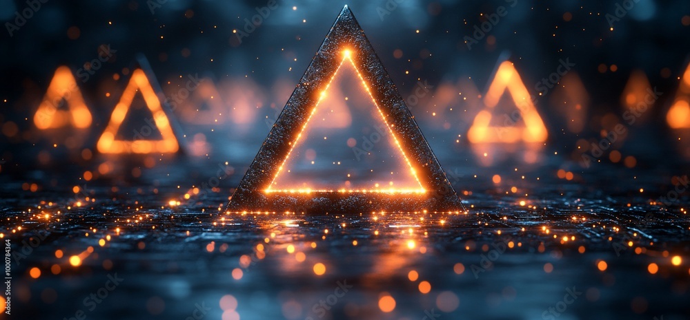 A glowing triangle shape with bokeh lights in the background. A glowing triangle shape with bokeh lights in the background.