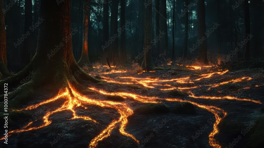 A mystical forest scene with glowing lava-like roots illuminating the dark ground, creating a surreal and enchanting atmosphere. A mystical forest scene with glowing lava-like roots illuminating the dark ground, creating a surreal and enchanting atmosphere.